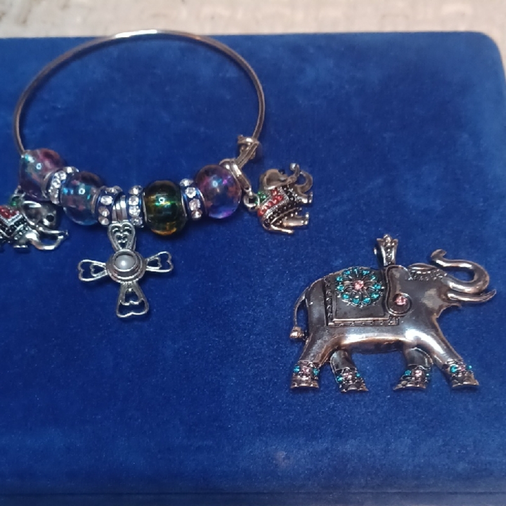 Silver Elephant Charm Bracelet and Pendant Set